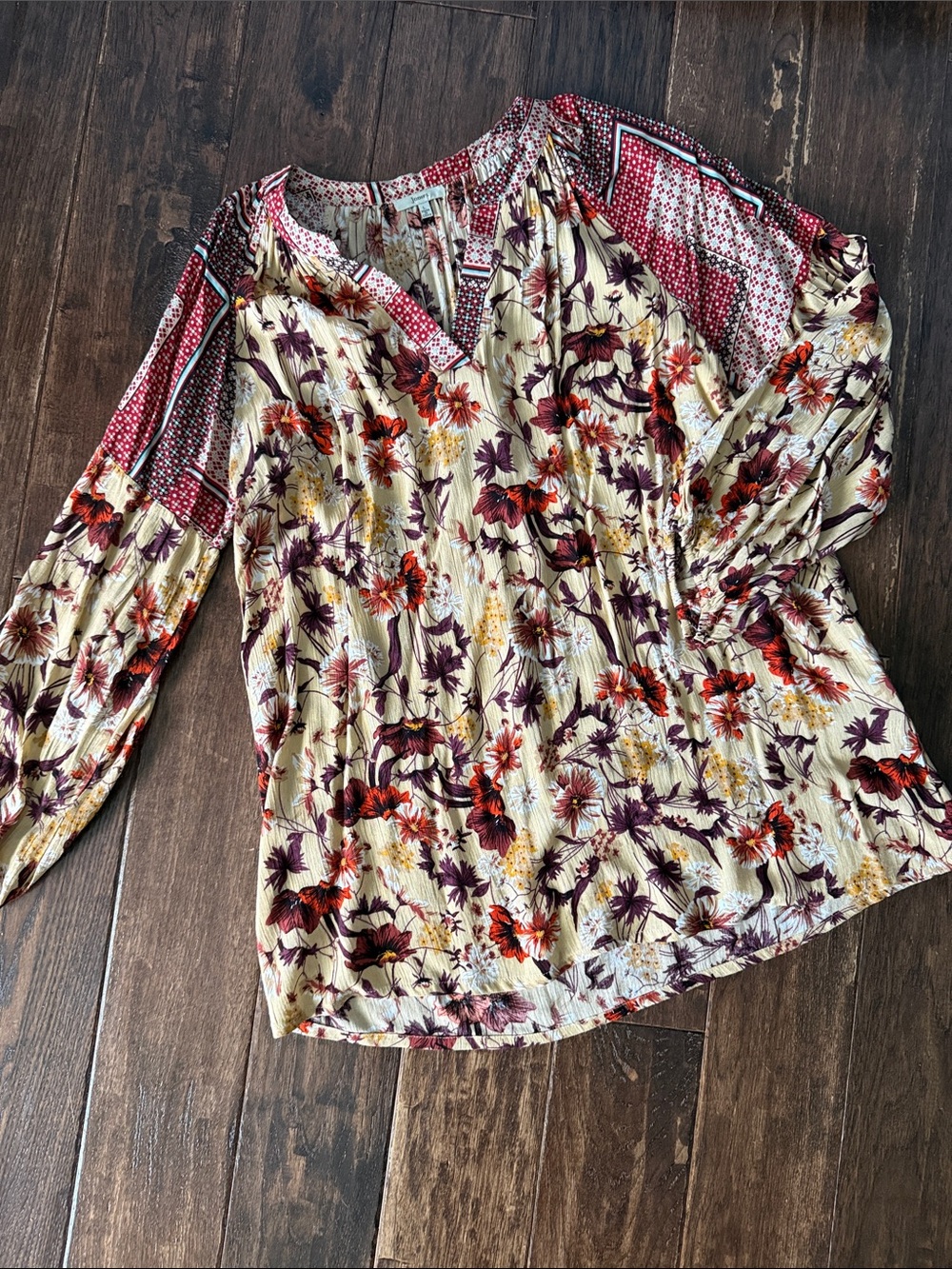 JODIFL Cream Floral Boho Blouse with Burgundy and Orange Accents